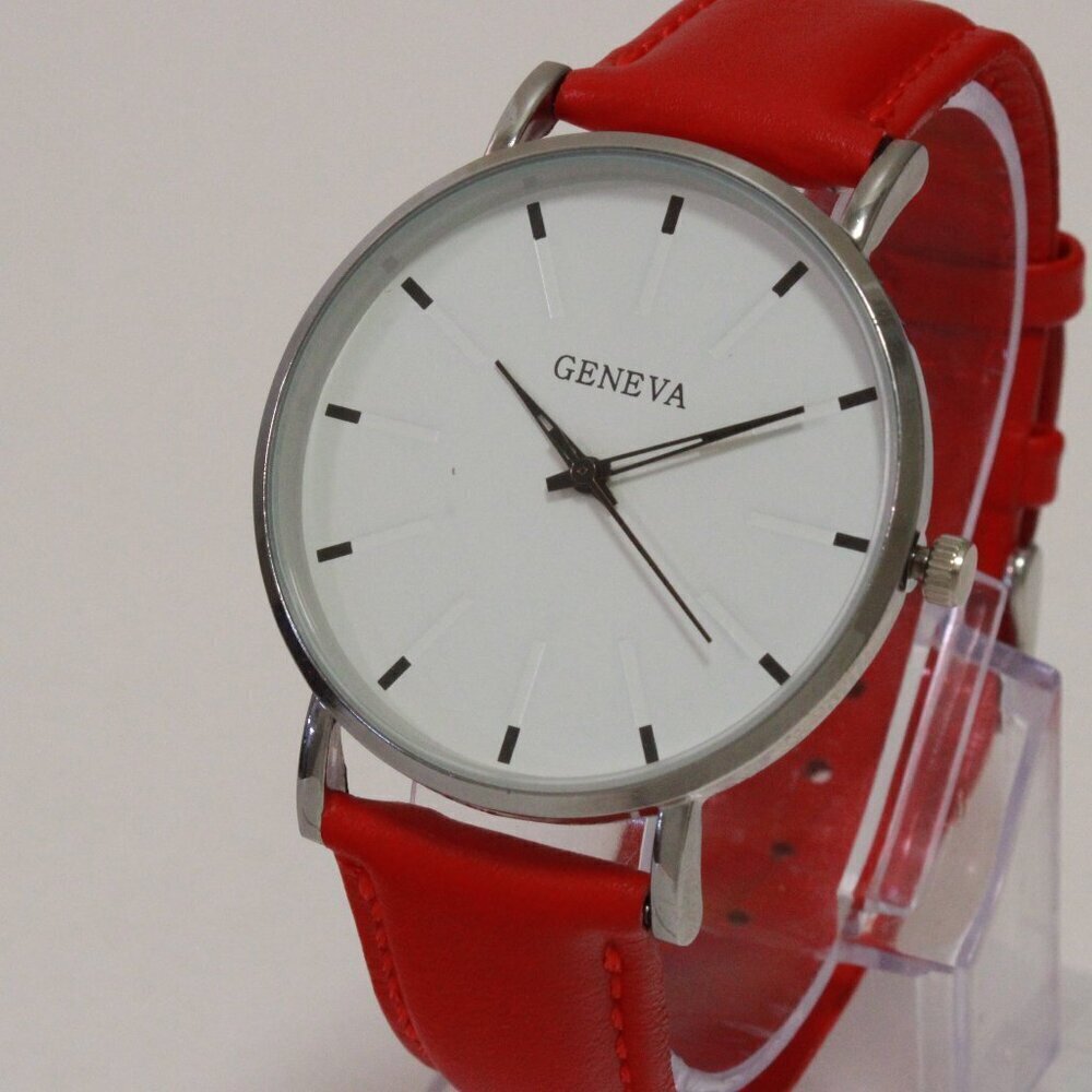 Men's Minimalist Fashion Watch Silver Case White Dial Red Strap 40mm - Picture 7 of 14